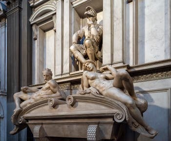 Michelangelo, Dawn, Dusk and Lorenzo de Medici Duc of Urbino's Tomb, New Sacristy Medici in Florence