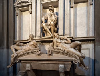 Michelangelo, Dawn, Dusk and Lorenzo de Medici Duc of Urbino's Tomb, New Sacristy Medici in Florence