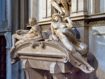 Michelangelo, Dawn, Dusk and Lorenzo de Medici Duke of Urbino's Tomb, New Sacristy Medici in Florence