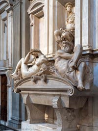Michelangelo, Night and Day and Giuliano de Medici Duc of Nemour, New Sacristy in Florence
