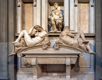 Michelangelo, Night and Day and Giuliano de Medici Duc of Nemour, New Sacristy in Florence