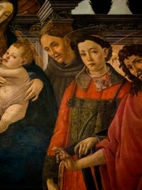 Botticelli, Trebbio Altarpiece, Madonna and Child on a throne with Saints Dominic, Cosmas, Damian, Francis, Lawrence and John the Baptist, at the Accademia Gallery in Florence