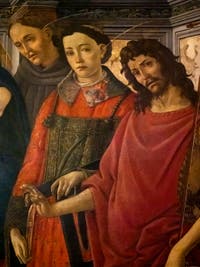 Botticelli, Trebbio Altarpiece, Madonna and Child on a throne with Saints Dominic, Cosmas, Damian, Francis, Lawrence and John the Baptist, at the Accademia Gallery in Florence