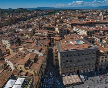 The Arno River and the Signoria Square in Florence Italy