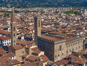 The Badia Fiorentina Church and Bell Tower and the Bargello Museum in Florence in Italy, seen from the Arnolfo tower of the Palazzo Vecchio