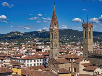 The Badia Fiorentina Bell Tower and the Bargello Palace Tower seen from the Palazzo Vecchio Arnolfo Tower in Florence in Italy