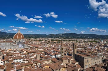 Bruneleschi Duomo dome, Badia Fiorentina and Bargello Museum in Florence seen from the Palazzo Vecchio Arnolfo Tower