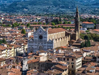 The Santa Croce Basilica and Bell Tower seen from the Palazzo Vecchio Arnolfo Tower in Florence in Italy