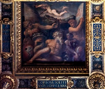 Giorgio Vasari and Giovanni Stradano, Allegory of Cortona and Montepulciano, Ceiling of the Hall of Five Hundred of Palazzo Vecchio in Florence