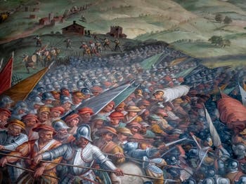 The Mystery of the Battle of Anghiari by Leonardo da Vinci: Cerca Trova, Who Seeks Find , Hall of Five Cents of Palazzo Vecchio in Florence in Italy