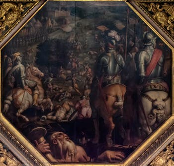 Giorgio Vasari and Giovanni Stradano, Battle of Marciano in Val di Chiana, on the ceiling of the Hall of Five Hundred of Palazzo Vecchio in Florence, Italy