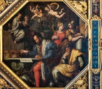 Giorgio Vasari and Giovanni Stradano, The Duke Cosimo I of Medici studies the capture of Siena, Ceiling of the Hall of Five Hundred of Palazzo Vecchio in Florence in Italy