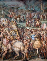 War of Pisa, The Lifting of the Siege of Livorno by the Emperor of the Holy Empire Maximilian I of Austria,  by Giorgio Vasari and Giovanni Battista Naldini, Hall of the Five Hundred in Palazzo Vecchio, Florence Italy