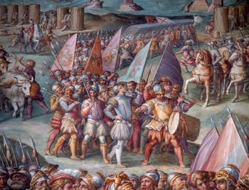 War of Pisa, The Lifting of the Siege of Livorno by the Emperor of the Holy Empire Maximilian I of Austria,  by Giorgio Vasari and Giovanni Battista Naldini, Hall of the Five Hundred in Palazzo Vecchio, Florence Italy