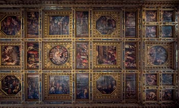 Paintings of the Ceiling of the Hall of Five Hundred of the Palazzo Vecchio in Florence in Italy