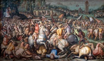 War of Pisa, The Defeat of the Pisans at the Tower of San Vincenzo, by Giorgio Vasari and Giovanni Battista Naldini, Hall of the Five Hundred Palazzo Vecchio in Florence in Italy