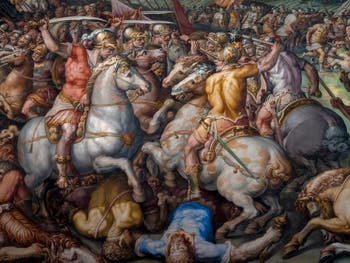 War of Pisa, The Defeat of the Pisans at the Tower of San Vincenzo, by Giorgio Vasari and Giovanni Battista Naldini, Hall of the Five Hundred Palazzo Vecchio in Florence in Italy