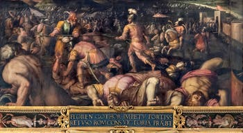 Giorgio Vasari and Giovanni Stradano, Defeat of Radagaise king of the Goths in Fiesole, on the ceiling of the Hall of Five Hundred of Palazzo Vecchio in Florence, Italy