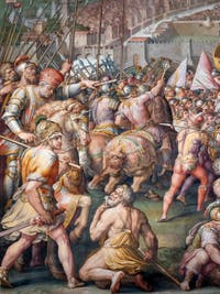 War of Pisa, Taking of the Fortress of Stampace in Pisa by Giorgio Vasari and Giovanni Battista Naldini, Hall of the Five Hundred Palazzo Vecchio in Florence in Italy