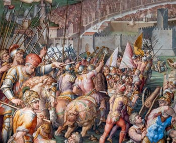 War of Pisa, Taking of the Fortress of Stampace in Pisa by Giorgio Vasari and Giovanni Battista Naldini, Hall of the Five Hundred Palazzo Vecchio in Florence in Italy